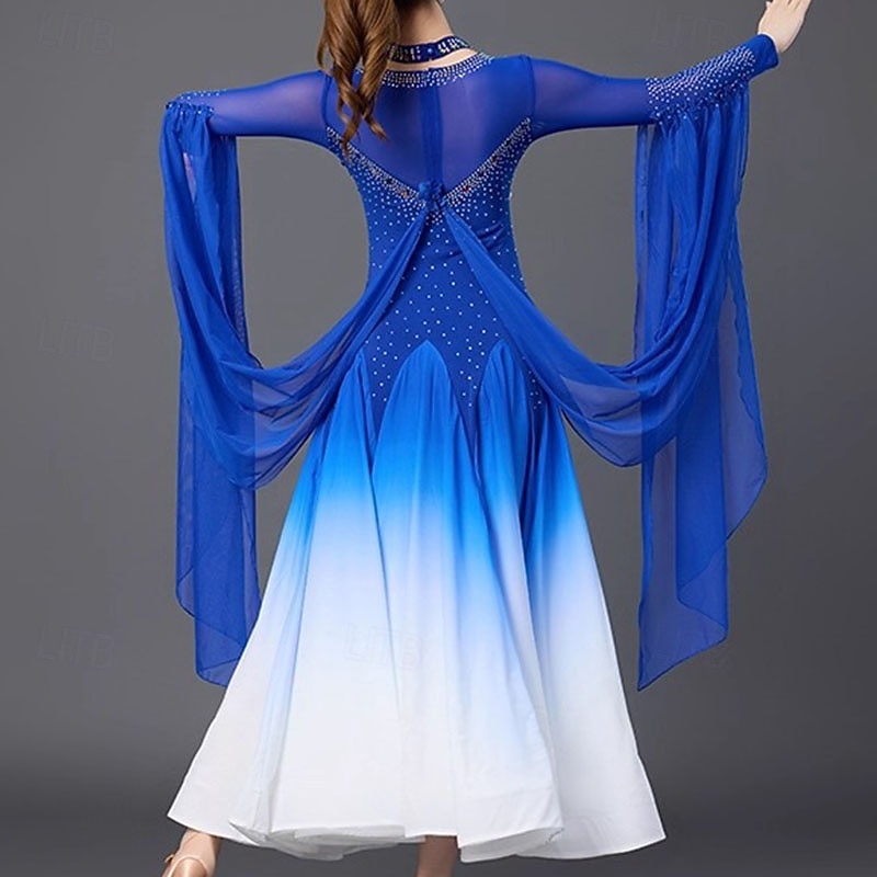 Ballroom Dance Dress Crystals / Rhinestones Sequins Women's Performance Party Long Sleeve Linen Cotton Blend2