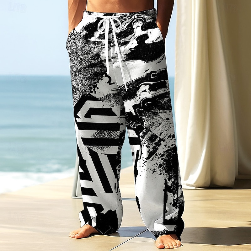 Men's Trousers Baggy Pants Casual Pants Elastic Drawstring Waist Linen-Like Pants with Pockets Geometric Abstract Art Full Length Outdoor Vacation Retro Vintage Black Wine Inelastic