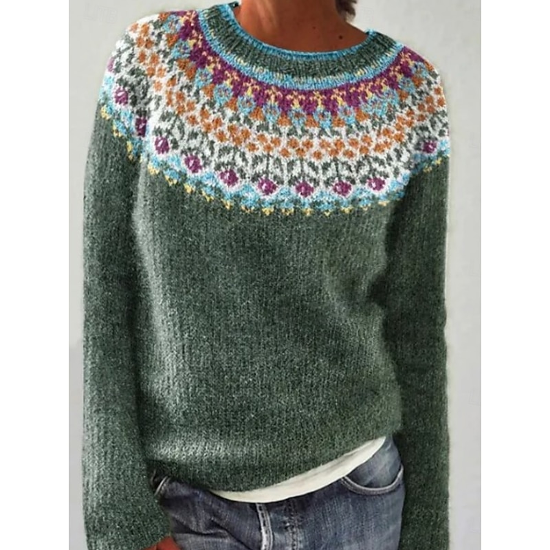 Women's Sweater Casual Soft Geometric Ribbed Crew Neck Knitted Long Sleeve Regular Tops Knit Outdoor Daily Weekend Blue Green Fall Winter4