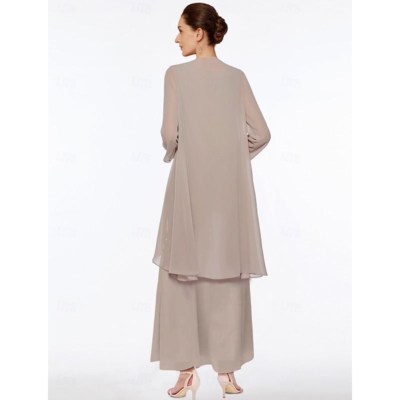 Beach Wedding Sheath Mother of the Bride Dress Elegant Simple V Neck Ankle Length Chiffon Sleeveless with Tier Solid Color2