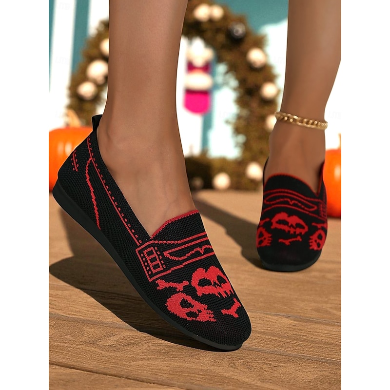 Women's Black and Red Round Toe Knit Skull Flats - Halloween Gothic Slip-On Shoes for Fall Parties and Casual Wear