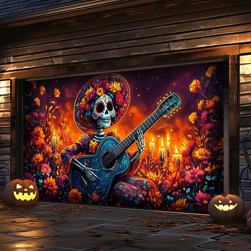 Day of the Dead Garage Door Cover Large Hanging Backdrop Marigold Dark Punk Gothic Style Party Outdoor Shooting Backgrounds Front Door Home Decor2