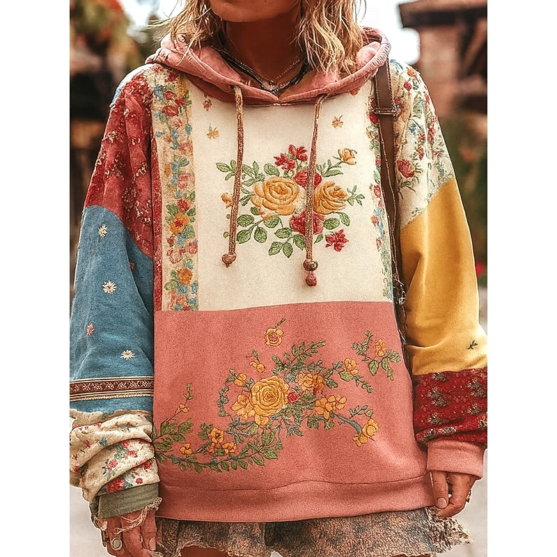 Women's 3D Print Vintage Boho Hoodie Patchwork Hoodie Sweatshirt Floral Pullover Sweatshirt Elegant Warm Active Hooded Street Dailywear Patchwork Print Yellow Light Green Pink Spring Fall Winter2