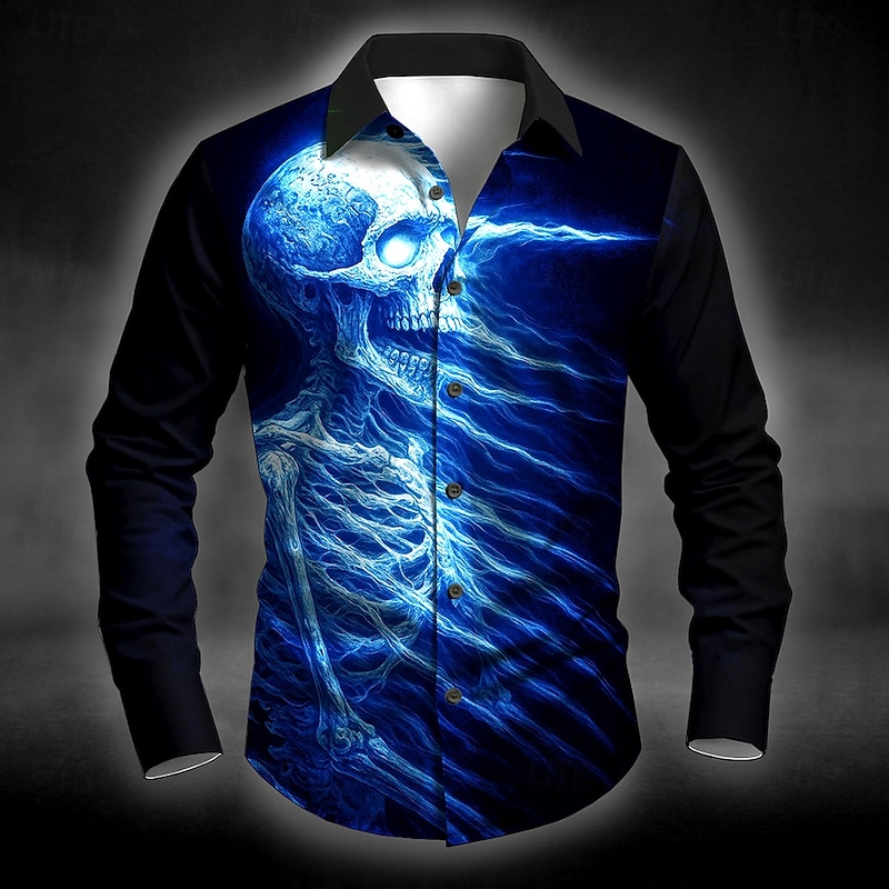 Halloween Men's Skull Flame Halloween Costumes Shirt Button Up Shirt Long Sleeve Dark Punk Gothic Style Outdoor Holiday Summer Spring Turndown 3D Print Collared Shirts Blue Purple Orange Green Gray3