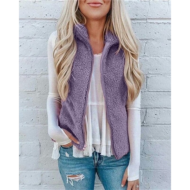 Women's Vest Warm Comfortable Zipper Pocket Casual Plain Going out Weekend Zipper Regular Stand Collar Regular Fit Sleeveless Outerwear White Red Purple Fall Winter4