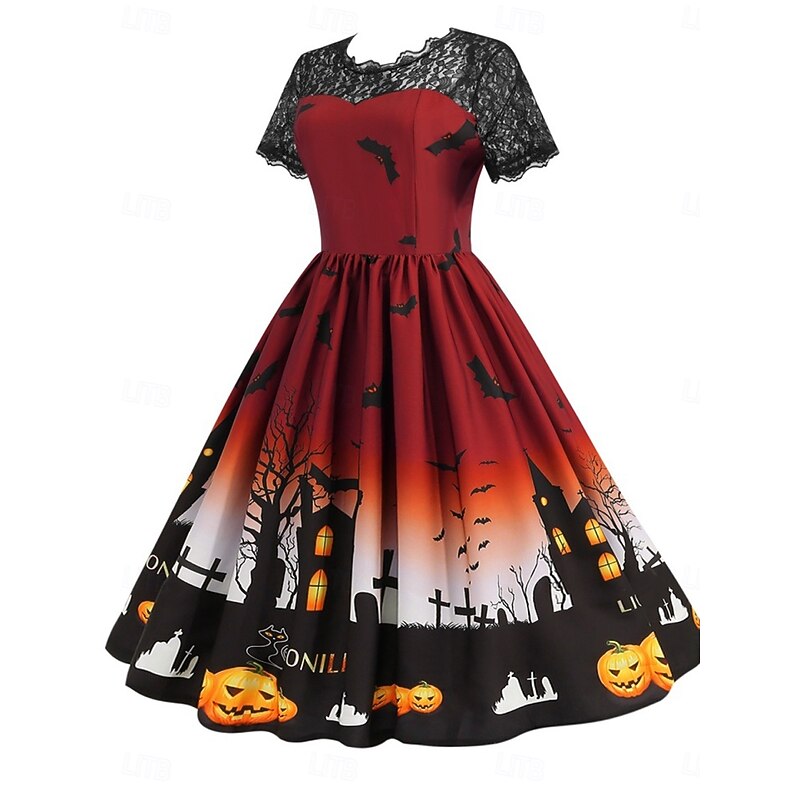 Halloween Women's Castle Print Midi Dress A Line Dress Fit And Flare Dress Casual Daily Holiday Regular Fit Pumpkin Spider web Short Sleeve Crew Neck Black Red Blue Purple Summer Spring Fall3