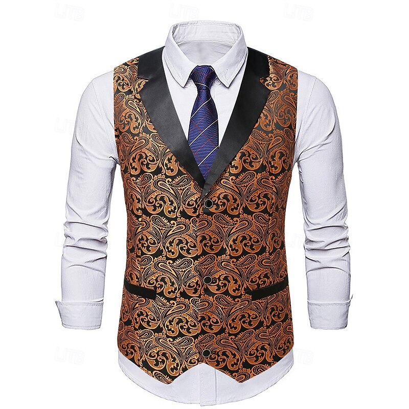 Men's Vest Waistcoat Gilet Vacation Party Business Fashion Casual Spring Fall Pocket Buttons Polyester Comfortable Paisley Single Breasted One-button Peaked Lapel Regular Fit Light Brown Vest2