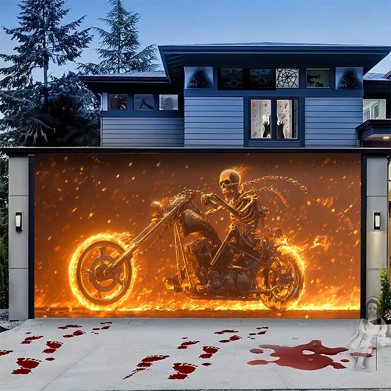 Halloween Garage Door Cover Large Hanging Backdrop Skeleton Flame Dark Punk Gothic Style Party Outdoor Shooting Backgrounds Yard Haunted House Home Decor3