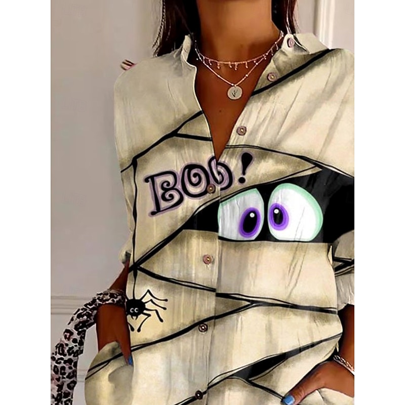Halloween Women's Shirt Graphic Elegant Vintage Daily Long Sleeve Bishop Sleeve Shirt Collar Regular Tops Daily Holiday Print Khaki Fall Winter2