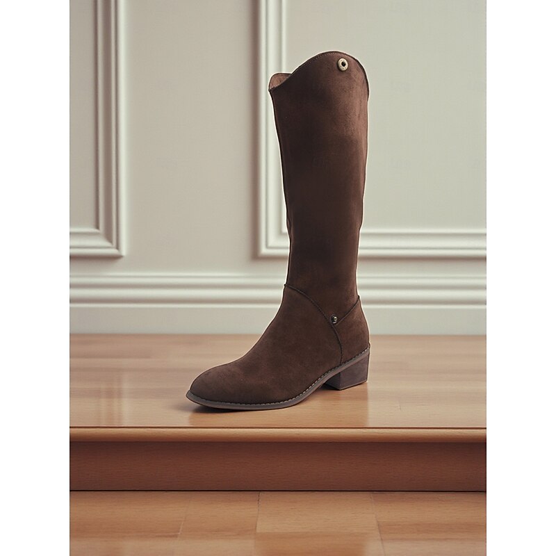 Women's Brown Suede Foldable Knee High Riding Boots with Adjustable Shaft Height - Versatile Urban Casual Fashion Footwear for Everyday Wear3