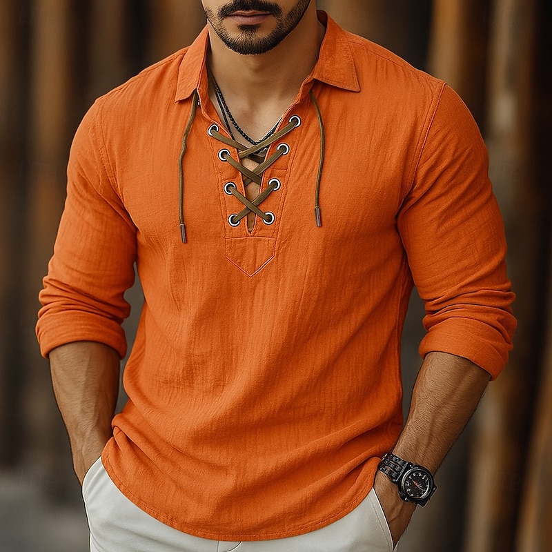 Men's Shirt Linen Shirt Viking Style Summer Shirt Beach Wear Solid Color Vacation Street White Orange Green Light Blue Long Sleeve Turndown Clothing Apparel Lace up