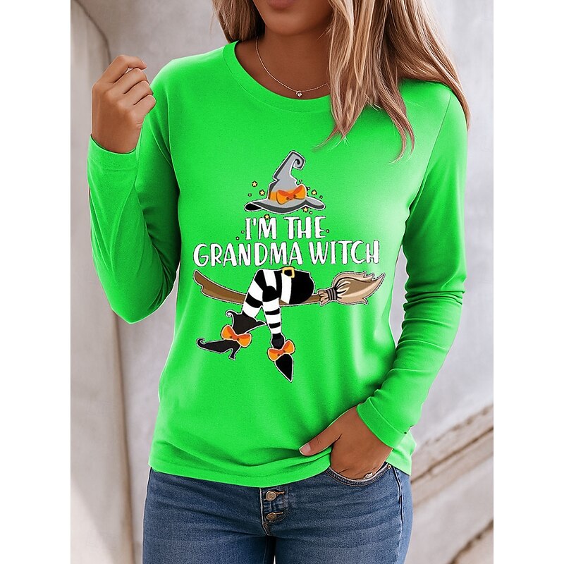 Halloween Women's T shirt Witch Long Sleeve Graphic Letter Vintage Fashion Stylish Long Sleeve Crew Neck Regular Tops Daily Weekend Print Pink Blue Orange Green Spring Fall Winter Prefall4