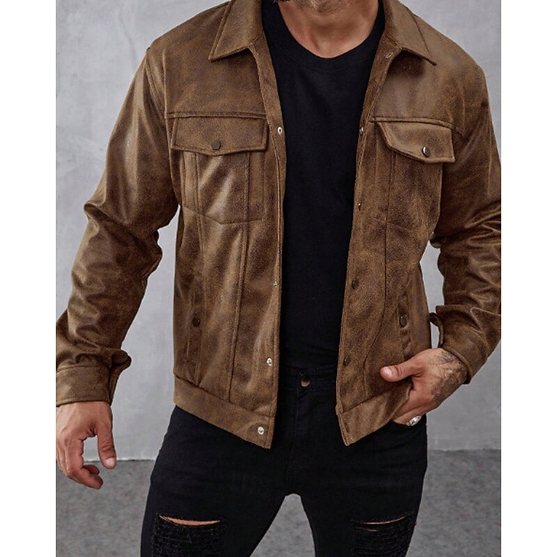 Men's Faux Leather Jacket Faux Suede Jacket Vacation Daily Windproof Warm Pocket Fall Winter Plain Fashion Classic Lapel Regular Brown Jacket3