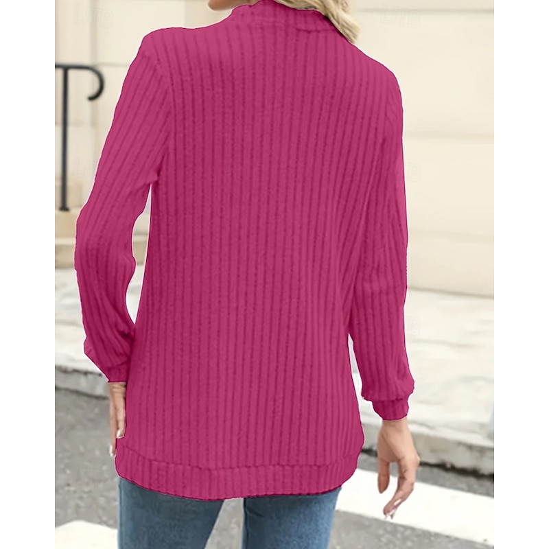 Women's Cardigan Casual Solid Color Ribbed V Neck Pocket Knitted Long Sleeve Regular Tops Knit Holiday Weekend Fuchsia Fall3
