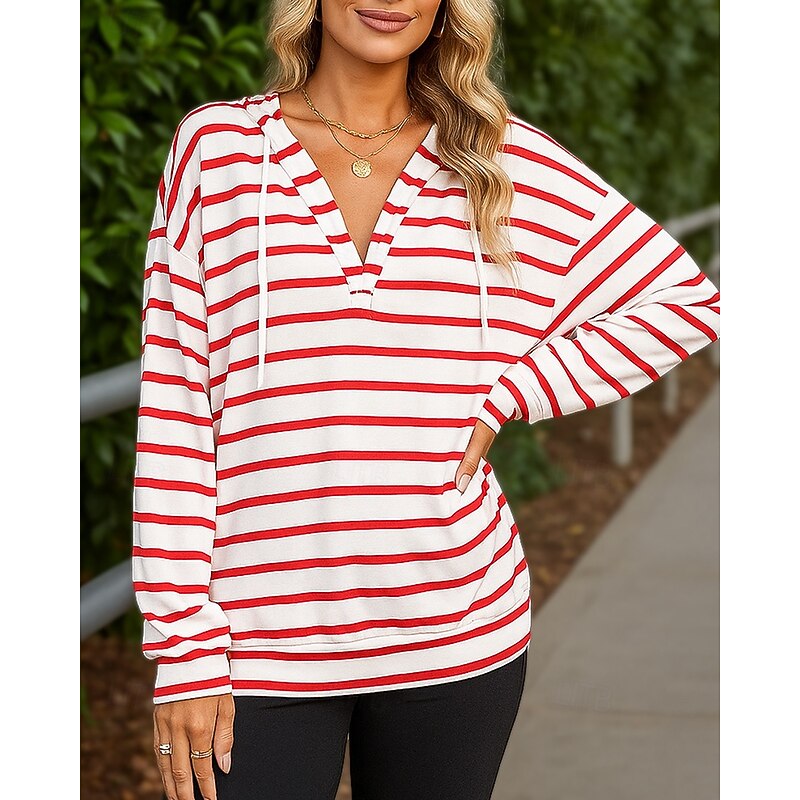 Women's Pullover Sweatshirt Hoodie Trackshirt Drawstring Long Sleeve Top Athleisure Fall V Neck Stripes Breathable Workout Outdoor Training Sportswear Activewear Black White Pink4
