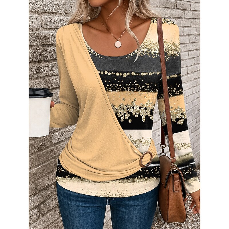 Women's T Shirt Graphic Geometric Stylish Casual Long Sleeve Crew Neck Regular Tops Daily Patchwork Print Yellow Pink Blue Purple Green Summer Fall Winter4