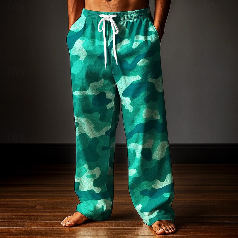 Men's Trousers Baggy Pants Casual Pants Elastic Drawstring Waist Linen-Like Pants with Pockets Camo Camouflage Full Length Outdoor Vacation Classic Style Army Green Purple Inelastic3