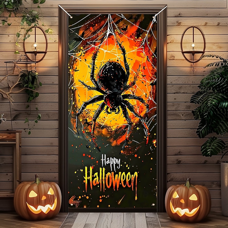 Halloween Door Cover Outdoor Banners Spider 3D Dark Punk Gothic Style Party Outdoor Shooting Backgrounds Front Door Wall Porch Home Decor3