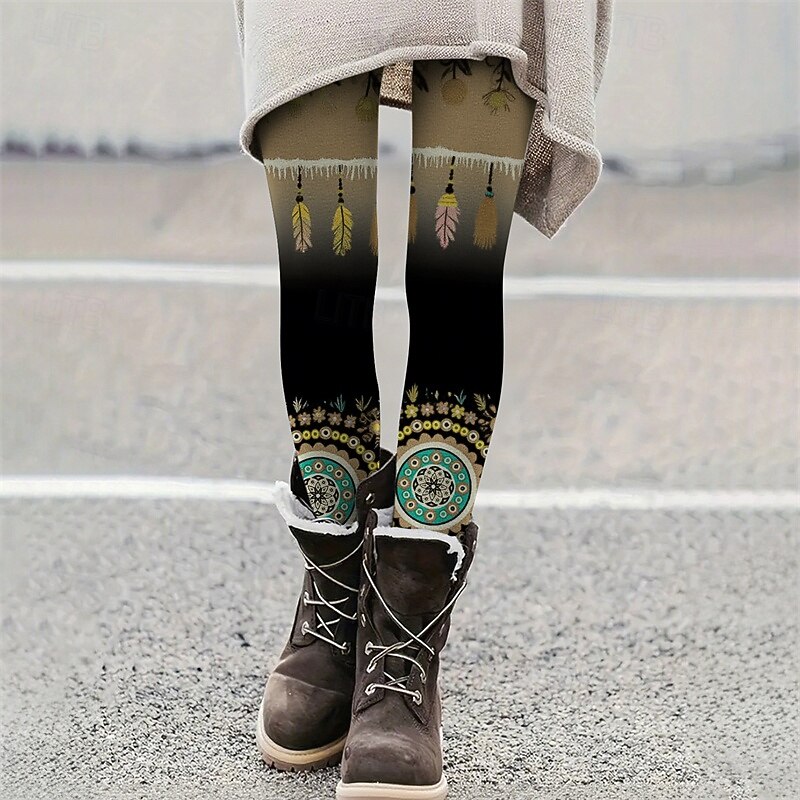 Women's Pants Trousers Leggings Cozy Leggings Casual Boho Full Length High Waist Feather Elastic Waist Print Breathability Comfortable Stretchy Vacation Street Daily Wear Wine Yellow Red Green Summer3