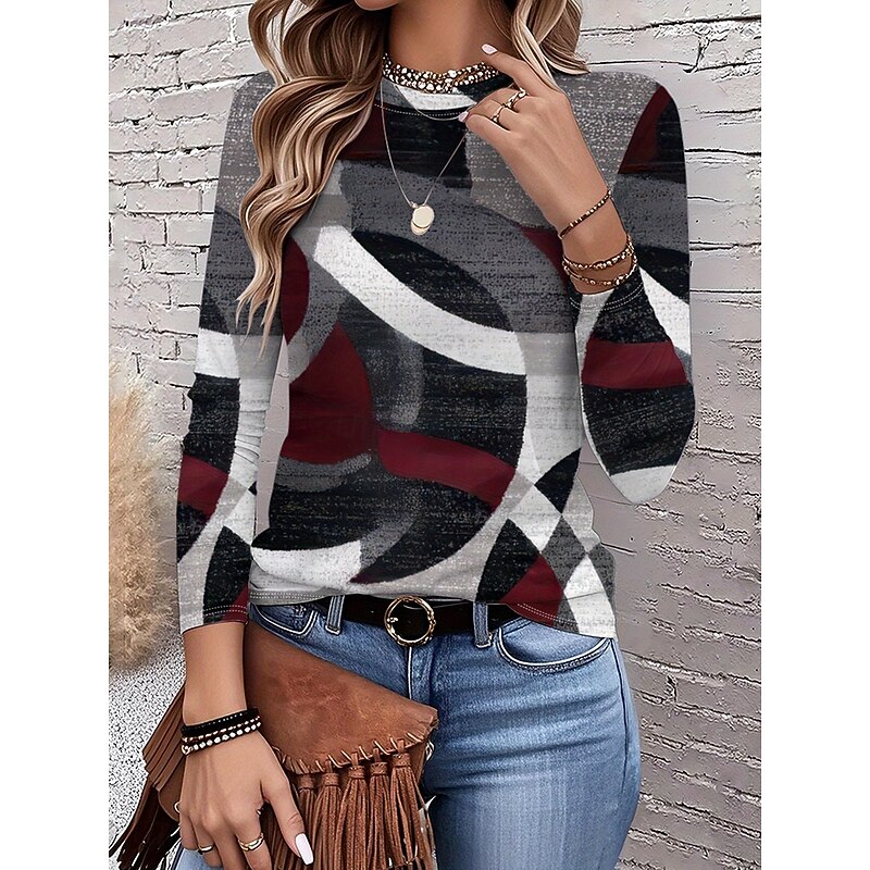 Women's T Shirt Graphic Geometric Geometry Vintage Stylish Classic Long Sleeve Crew Neck Round Neck Regular Tops Daily Print Wine Spring Fall Winter3