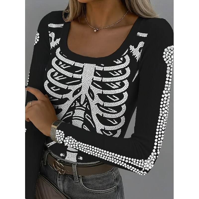 Halloween Women's T Shirt Skulls Ribbed Graphic Square Neck Long Sleeve Casual Letter Vintage Stylish Classic Regular Tops Daily Print Maroon Black Purple Orange Brown Spring Fall