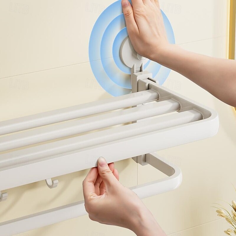 TAILI Aluminum Alloy Suction Cup Towel Rack with Towel Bar Holder, No Drill Foldable Towel Shelf with Hooks,Towel Storage Organizer for Bathroom Bath Shower3