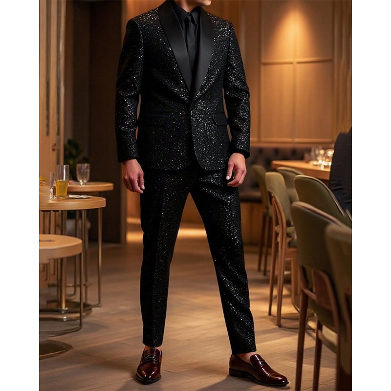 Men's Blazer Set Business Cocktail Party Wedding Party 2 Piece Fashion Casual Spring Fall Polyester Plain Pocket Glitter Comfortable Single Breasted Blazer Black4