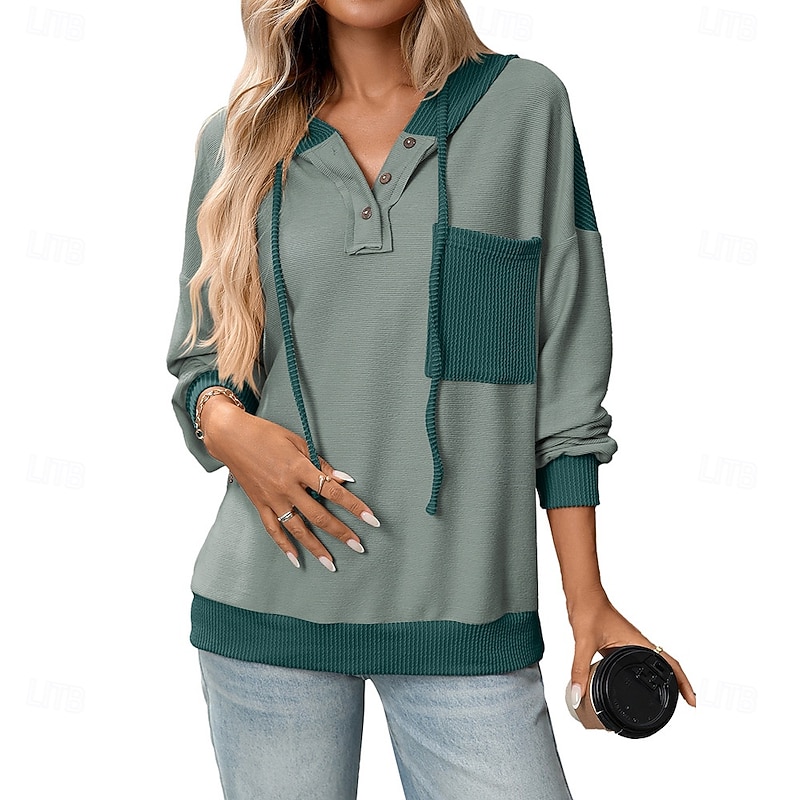 Women's Blouse Solid Color Vintage Daily Stylish Long Sleeve Hooded Regular Tops Daily Holiday Patchwork White + blue Light Purple Green Apricot Rose Pink Spring Fall Winter3