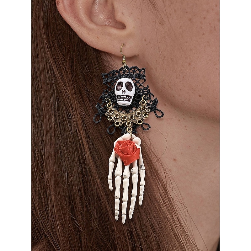 Women's Halloween Gothic Lace Choker Necklace & Skeleton Hand Drop Earrings Set – Skull & Red Rose, Adjustable Alloy Victorian Punk Jewelry for Cosplay, Costume Party, Night Out & Festivals4