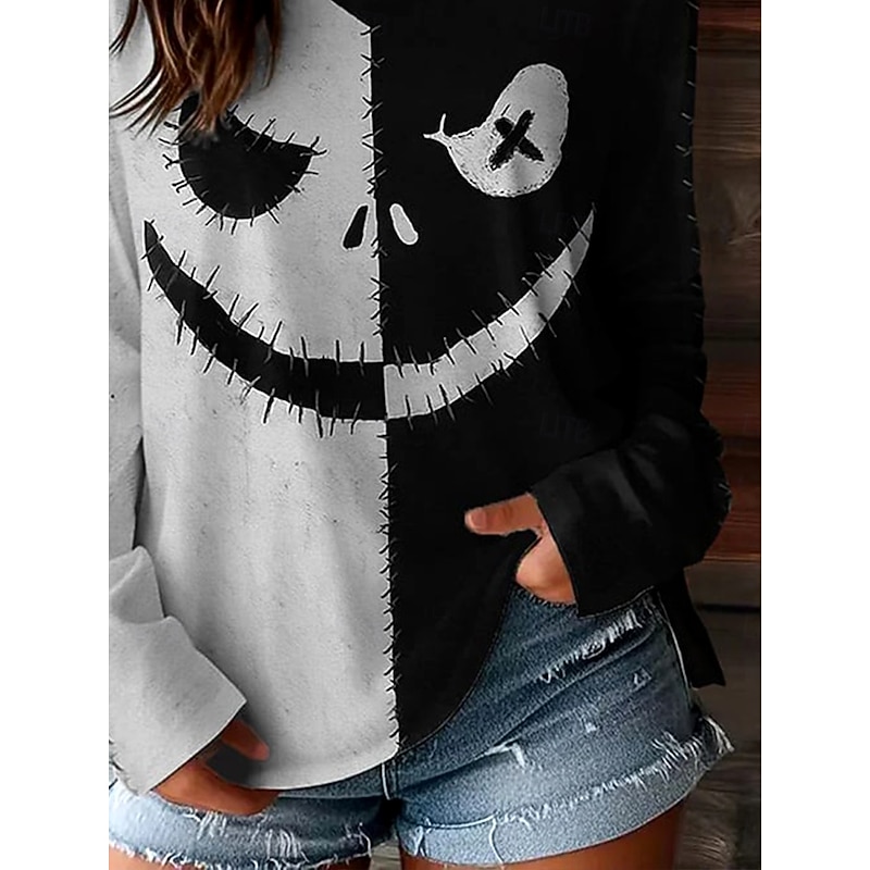 Halloween Women's T shirt Monster Graphic Skull Pumpkin Vintage Stylish Classic Long Sleeve V Neck Regular Tops Daily Weekend Print Black Fall Winter3