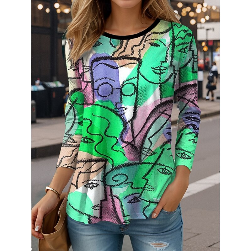 Women's T Shirt Graphic Abstract Vintage Stylish Casual Long Sleeve Crew Neck Regular Tops Daily Print Yellow Red Purple Green Spring Fall4