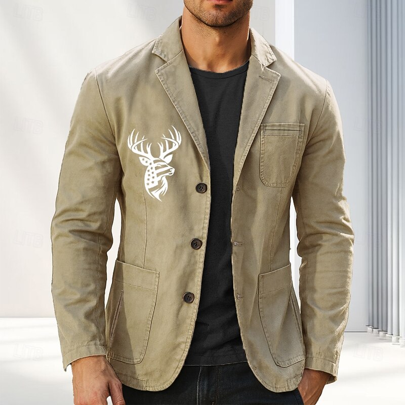Men's Reindeer Print US Flag Blazer Cotton Suit Jacket Suits Coat Casual Outdoor Dailywear Multiple Pockets Three Button Stripe Lined Suit Jacket Fall Winter Notch lapel collar Long Sleeve Black2
