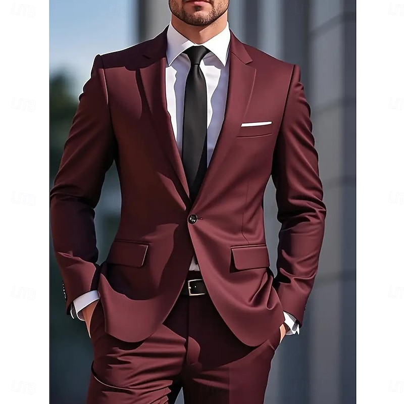 Men's Wedding Business Party Suits Notch Lapel Burgundy Formal Solid Colored Slim Fit 2 Piece Single Breasted One-button