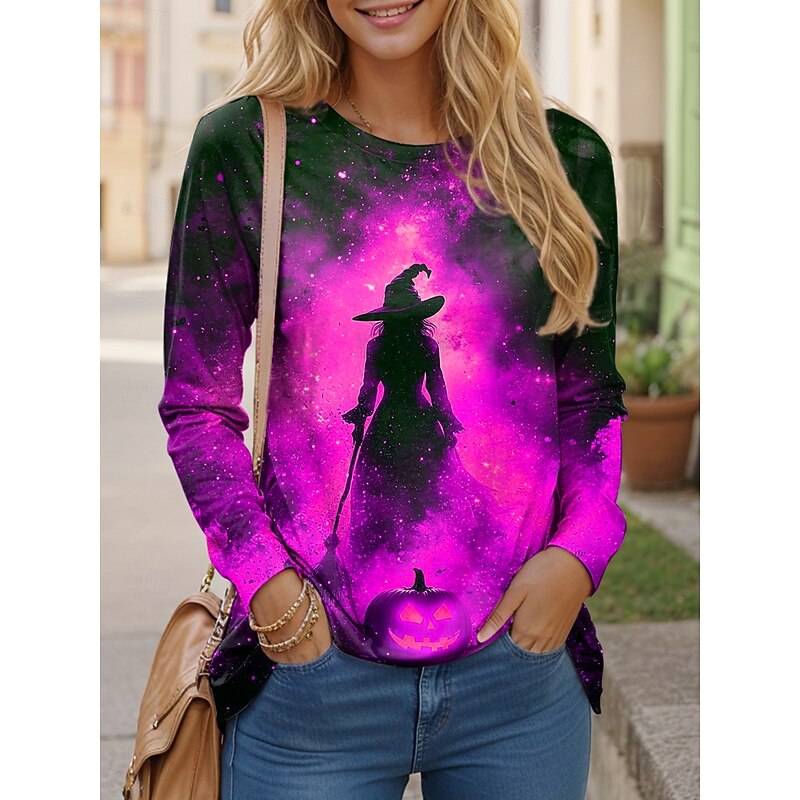 Halloween Women's T shirt Witch Graphic Vintage Stylish Casual Long Sleeve Crew Neck Regular Tops Daily Weekend Print Red Blue Purple Orange Green Summer Spring Fall4