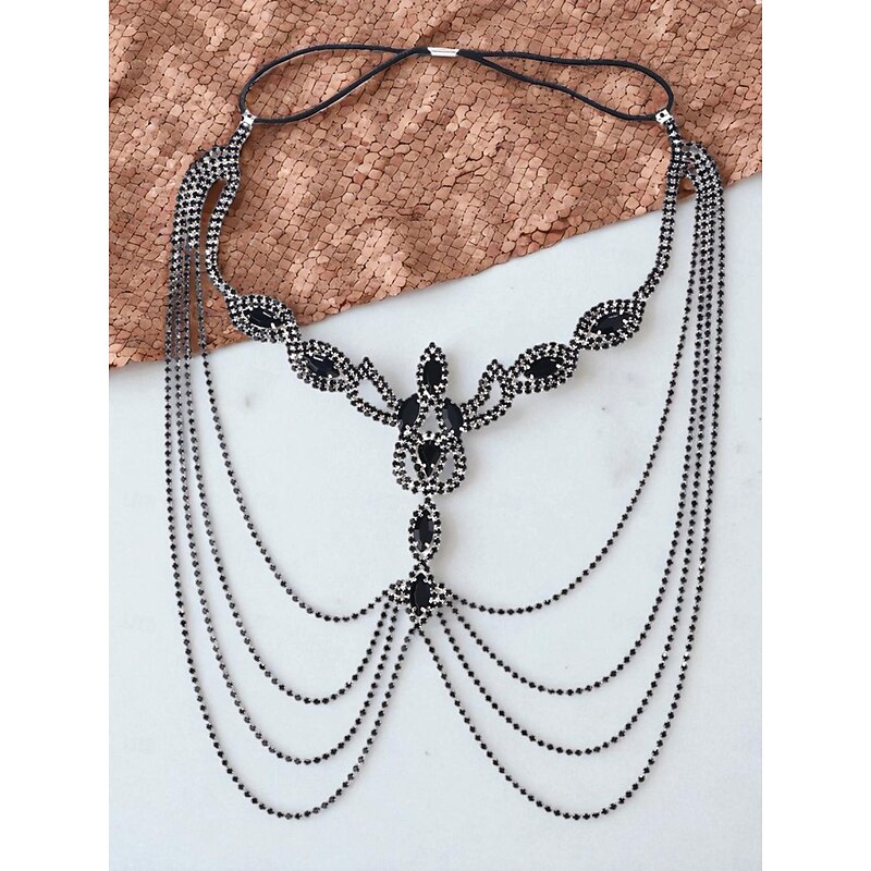 Women's Gothic Crystal Face Chain Headpiece - Black Rhinestone Mask Jewelry for Ladies, Mysterious Costume Accessory for Halloween Party, Masquerade and Nightclub Outfits4