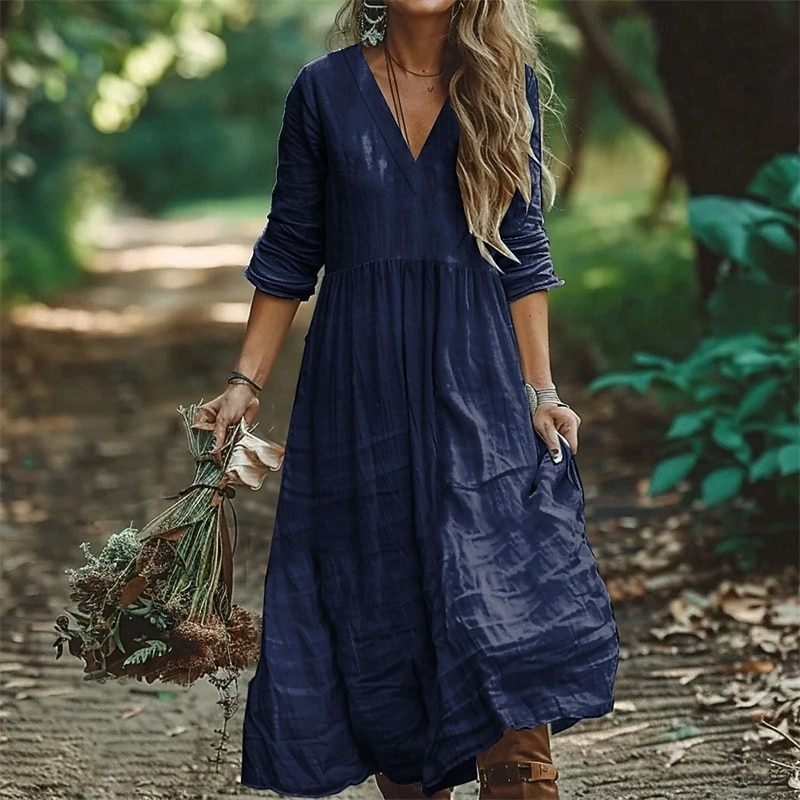Women's Midi Dress Cotton Linen Dress Fashion Classic Modern Outdoor Vacation Holiday Regular Fit Plain 3/4 Length Sleeve V Neck Black Army Green Orange Dark Blue Summer2