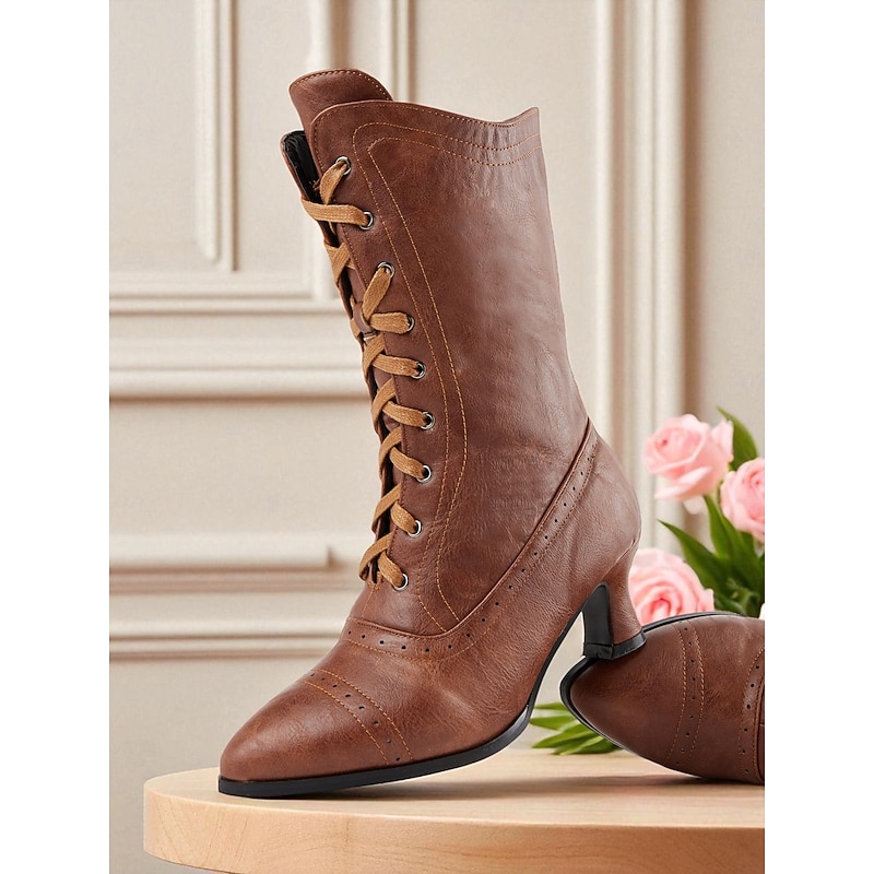 Women's 1900s-1910s Edwardian Lace-Up Ankle Boots - Two-Tone Low Heel Victorian Style Booties for Costume Parties,Vintage Tea Events and Historical Reenactments2