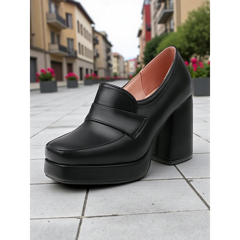 Women's Black Platform Loafer Heels - Retro Chunky Block Heel Slip-On Shoes for Office Wear,Street Style and Vintage-Inspired Outfits4