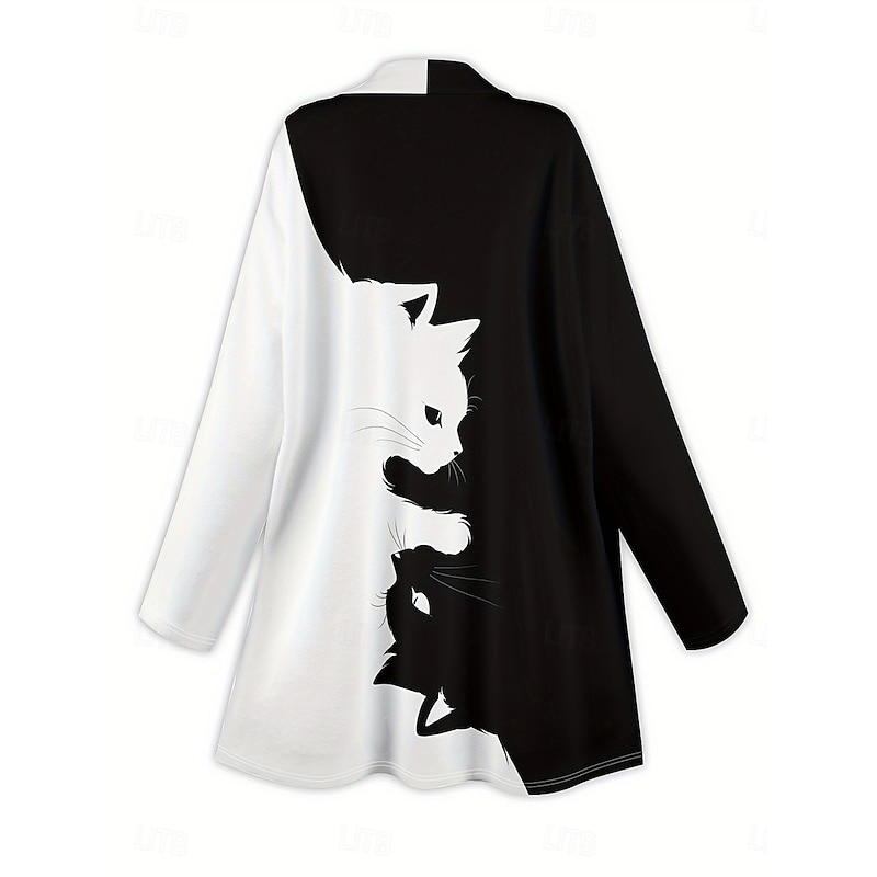 Women's Trench Coat Lightweight Comfortable Print Active Vintage Casual Geometric Casual Short Collarless Loose Fit Long Sleeve Outerwear Black White Khaki Spring Fall3