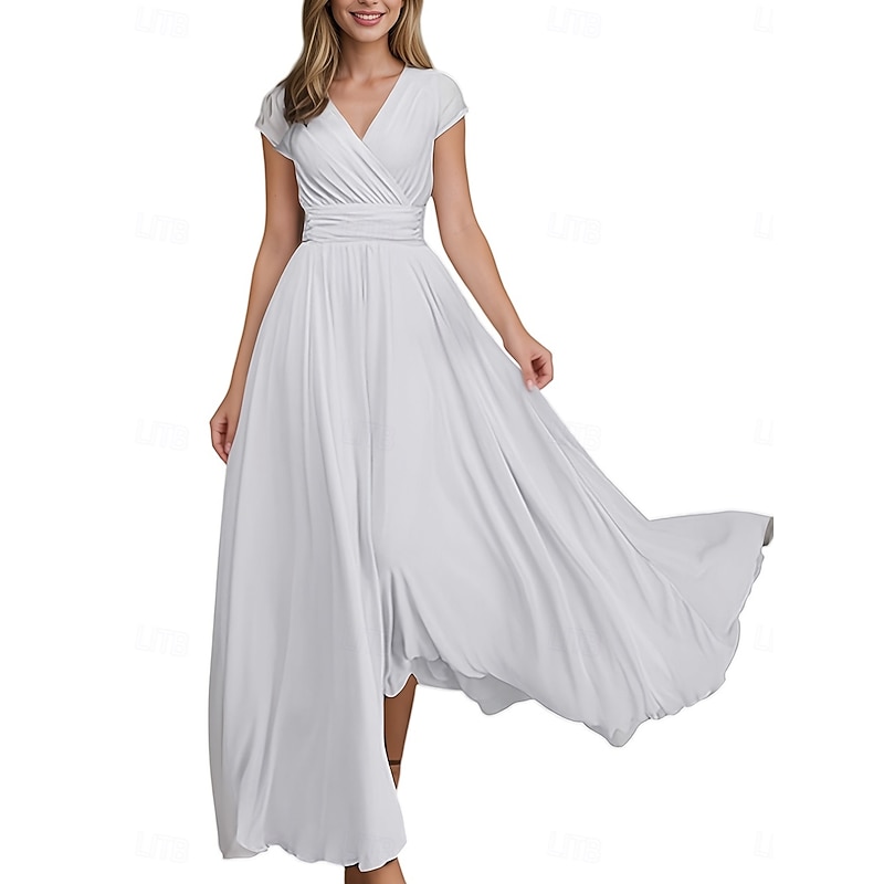Women's Maxi long Dress Boho Wedding Guest Dress Elegant Stylish Regular Fit Plain Short Sleeve V Neck Black White Yellow Light Green Summer Spring2