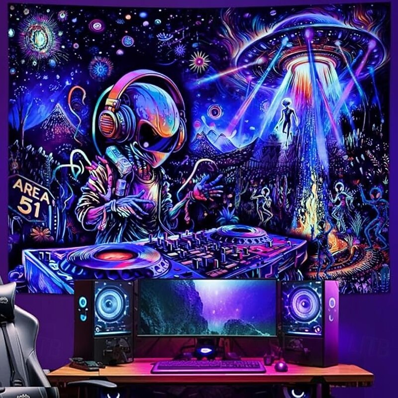 Alien DJ Blacklight Tapestry – Area 51 Psychedelic Glow in the Dark Wall Hanging for Bedroom or Living Room Trippy Space Decor2