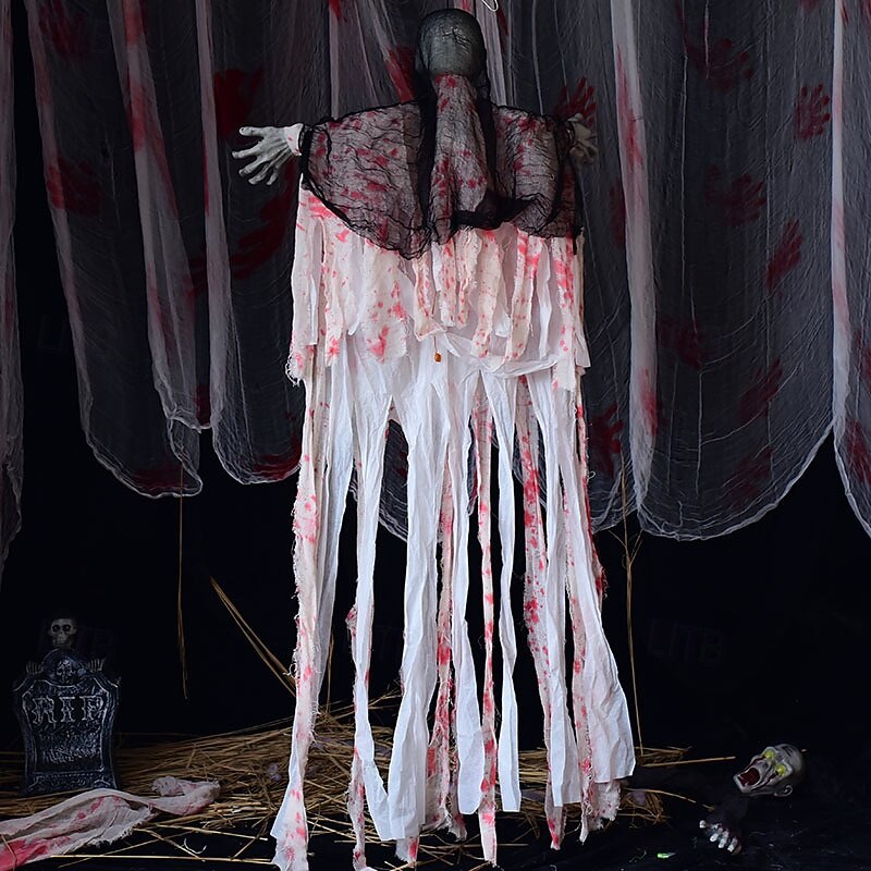 Halloween Bloody Clothes & Iron Chain Hanging Ghost Decoration With Sound & Light Effect Prop For Haunted House, Escape Room, Horror Themed Party Decor, Outdoor & Indoor4