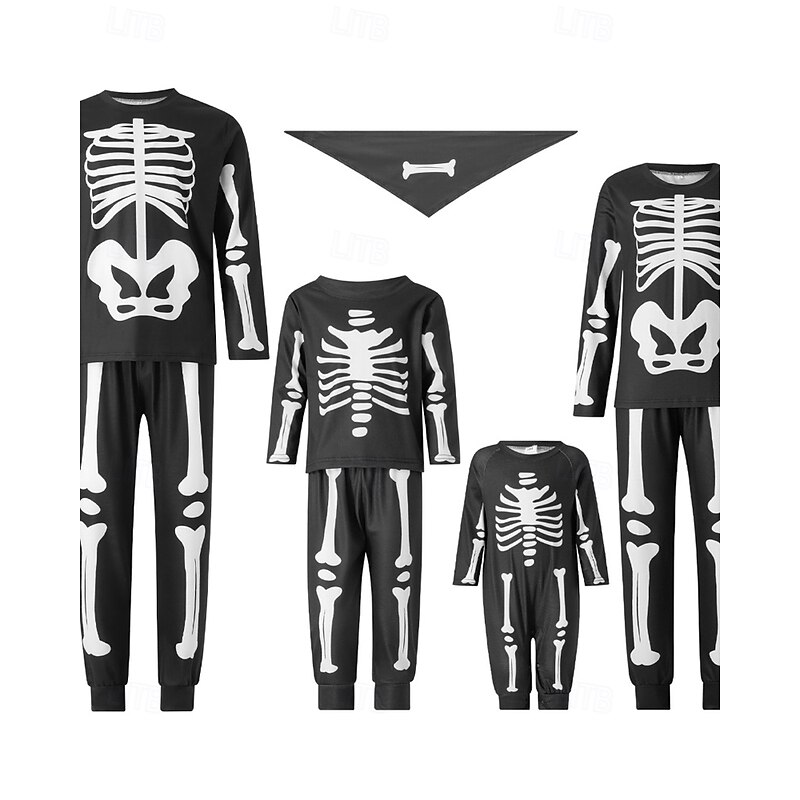 Family Pajamas Skull Halloween pattern Home Print Black Long Sleeve Active Matching Outfits3