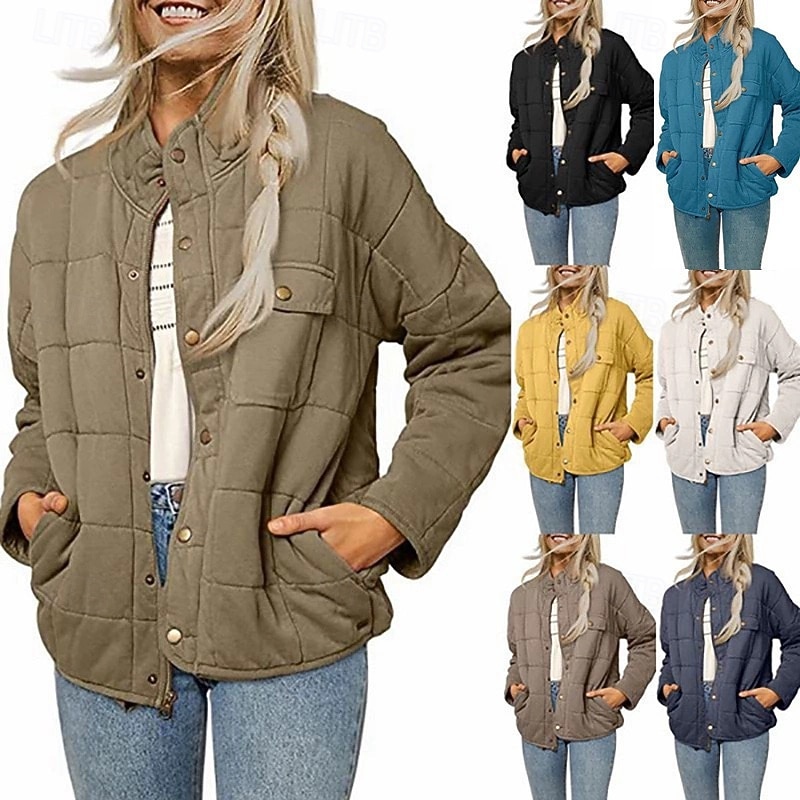Women's Casual Jacket Warm Comfortable Pocket Buttons Fashion Outdoor Plain Going out Weekend Zipper Regular Stand Collar Regular Fit Long Sleeve Outerwear Black White Yellow Fall Winter - Main Image
