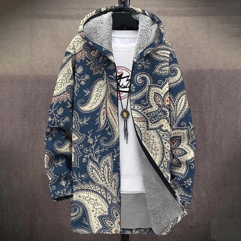 Men Graphic Geometic Winter Coat Fleece Jacket Coat Thermal Warm Comfortable Casual Daily Wear Zipper Pocket 3D Print Fall Winter Hooded Long Sleeve Red Blue Green3