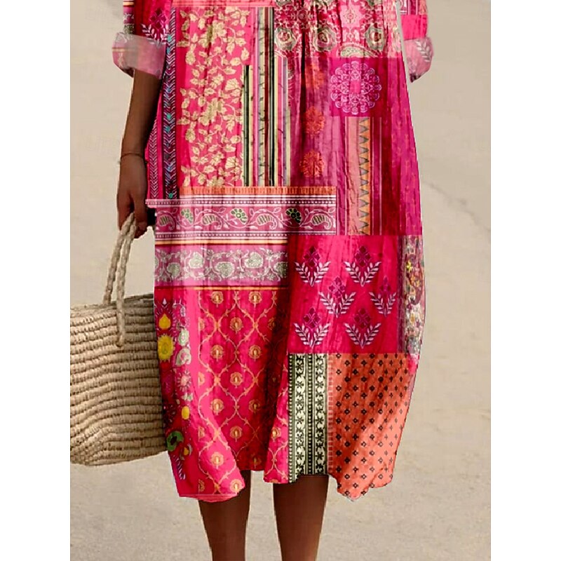 Women's Midi Dress Casual Dress Sundress A Line Dress Vacation Casual Boho Party Holiday Beach Loose Fit Floral Graphic Paisley Long Sleeve V Neck Magenta Blue Orange Spring Fall3