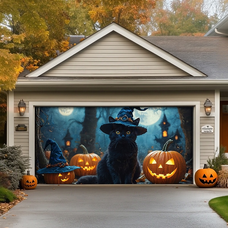 Halloween Garage Door Cover Large Hanging Backdrop Pumpkin Cat Dark Punk Gothic Style Party Outdoor Shooting Backgrounds Front Door Home Decor2
