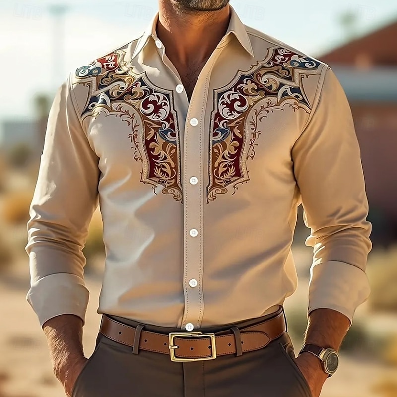 Men's Scroll Floral Print Ethnic Shirt Western Shirt Cowboy Shirt Long Sleeve Vintage Retro Outdoor Vacation Spring Fall Turndown 3D Print Linen Like Shirt Light Khaki Pink Blue Purple