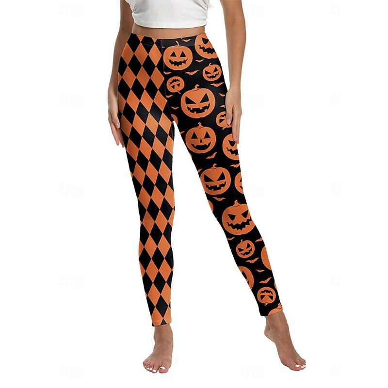 Women's Leggings Punk Streetwear Full Length High WaistPantsHalloween Pumpkin Print Breathability Soft Comfortable High Elasticity Vacation Party Black White Yellow Orange Fall Winter Regular Fit