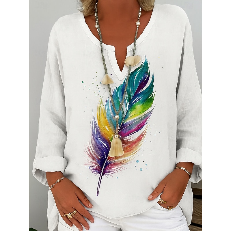 Women's Cotton Linen Shirt Graphic Butterfly Abstract Elegant Bohemia Vintage Long Sleeve V Neck Regular Tops Daily Holiday Red Blue Green Summer Spring3